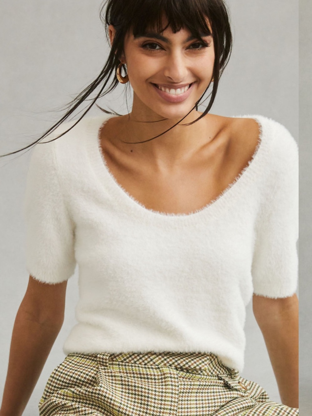 Anthropologie Scoop Neck Eyelash Sweater Tee Cream Fuzzy Short Sleeve sz S